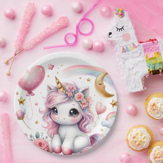 Roze Unicorn Papieren Bordje (Feest)