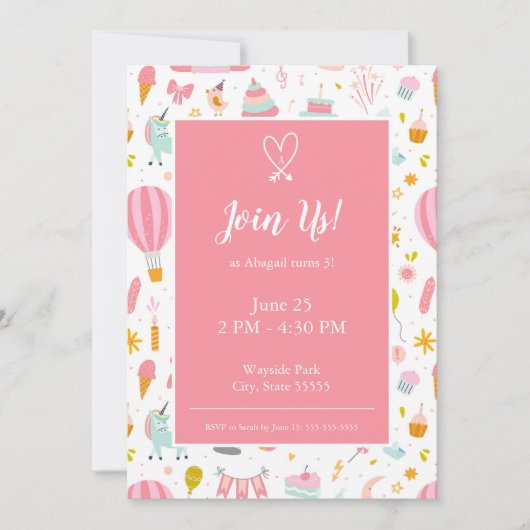 Roze Unicorn Party Pattern Girl Kind Birthday Kaart (Voorkant)