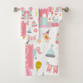 Roze Unicorn Party Pattern Girl Kinder Bathroom Bad Handdoek