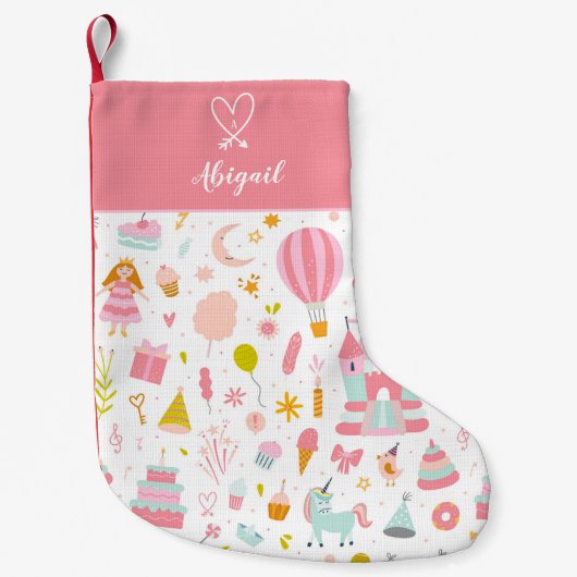 Roze Unicorn Party Pattern Monogrammed Girl Kind Kleine Kerstsok (Voorkant)