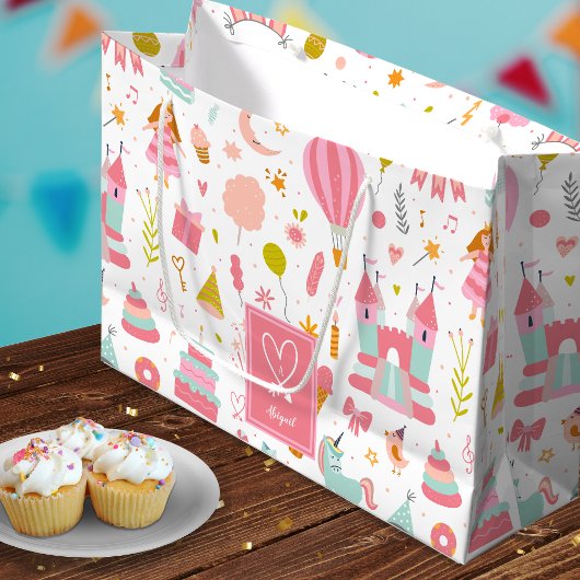 Roze Unicorn Party Pattern Monogrammed Girl Kinder Groot Cadeauzakje