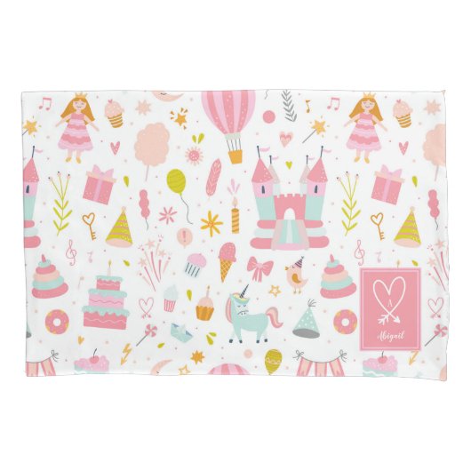 Roze Unicorn Party Pattern Monogrammed Girl Kinder Kussensloop (Voorkant)