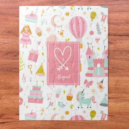 Roze Unicorn Party Pattern Monogrammed Girl Kinder Legpuzzel