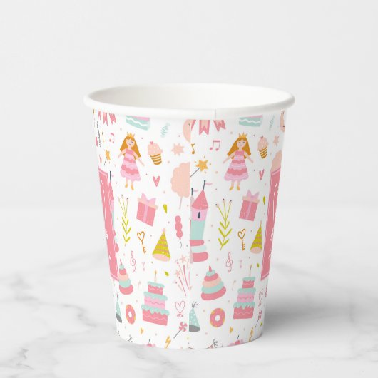 Roze Unicorn Party Pattern Monogrammed Girl Kinder Papieren Bekers (Rechts)