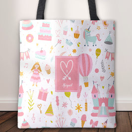 Roze Unicorn Party Pattern Monogrammed Girl Kinder Tote Bag