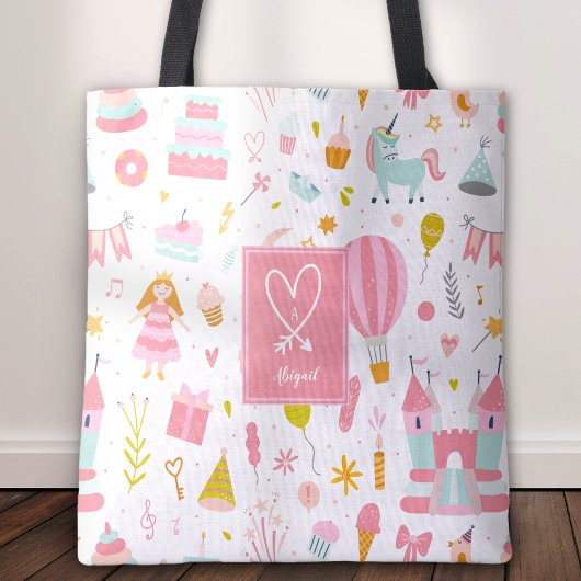 Roze Unicorn Party Pattern Monogrammed Girl Kinder Tote Bag