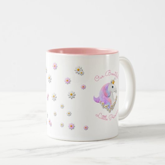 Roze Unicorn Princess met sterren en bloemen Tweekleurige Koffiemok (Voorkant rechts)