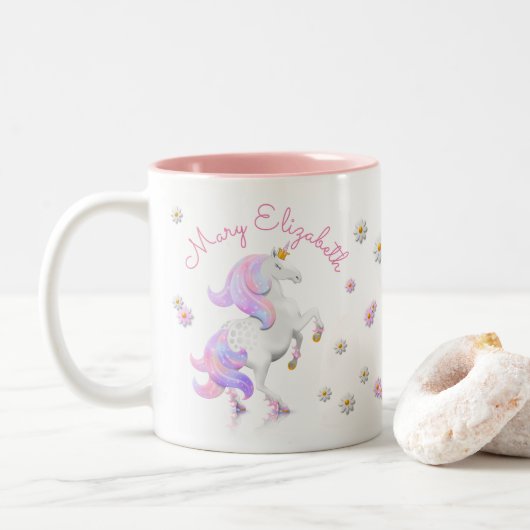 Roze Unicorn Princess met sterren en bloemen Tweekleurige Koffiemok (Met donut)