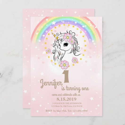 Roze Unicorn RainBow Girl 1st Birthday Kaarten (Voorkant / Achterkant)