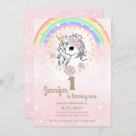 Roze Unicorn RainBow Girl 1st Birthday Kaarten