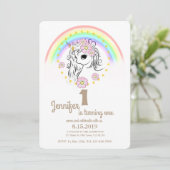Roze Unicorn RainBow Girl 1st Birthday Kaarten (Staand voorkant)