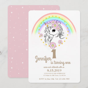Roze Unicorn RainBow Girl 1st Birthday Kaarten