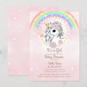 Roze Unicorn RainBow Girl Baby shower Kaarten