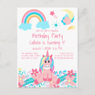 Roze Unicorn Rainbow Moon Stars Flowers Birthday Briefkaart