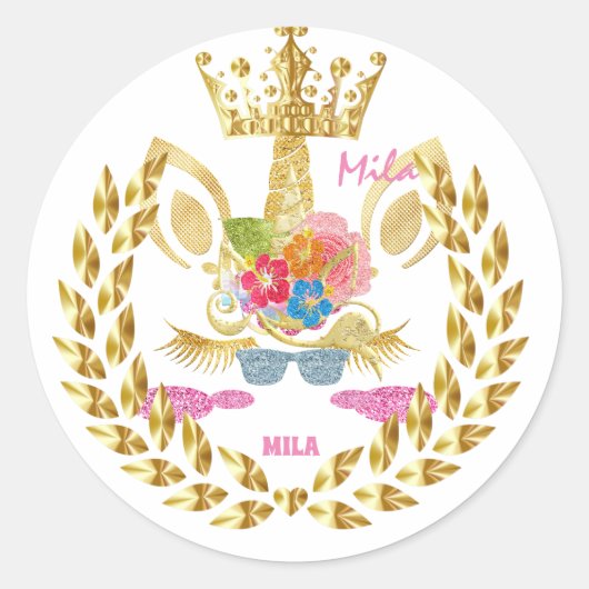 Roze unicorn ronde sticker (Voorkant)