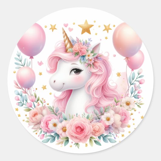 Roze Unicorn Ronde Sticker (Voorkant)