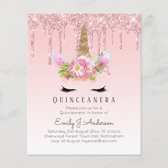 Roze Unicorn Roos Gold Drip Glitter QUINCEANERA (Voorkant)