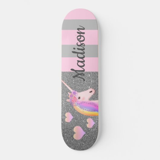 Roze Unicorn Silver Glitter Girls, gepersonaliseer Persoonlijk Skateboard (Voorkant)