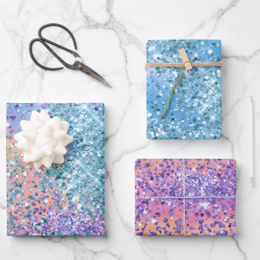 Roze Unicorn Sparkle Paars Aqua Glitter Confetti  Inpakpapier Vel (Voorkant)