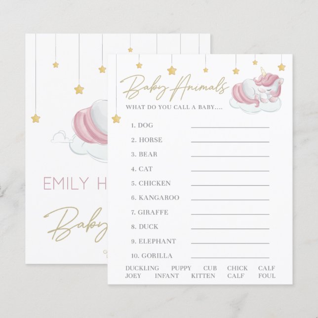 Roze Unicorn Stars Baby shower Animals Game (Voorkant / Achterkant)