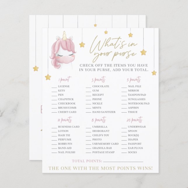 Roze Unicorn Stars Baby shower Purse Game (Voorkant / Achterkant)