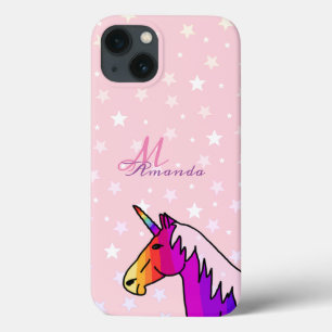 Roze Unicorn Stars Girly Kinder Monogram Naam Case-Mate iPhone Case