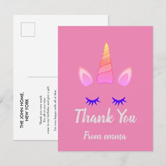 Roze Unicorn Theme Birthday Briefkaart (Voorkant / Achterkant)