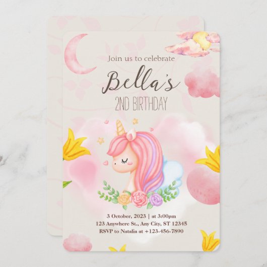 Roze Unicorn tweede uitnodiging voor de geboorte (Voorkant / Achterkant)