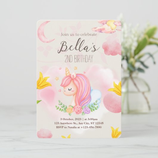 Roze Unicorn tweede uitnodiging voor de geboorte (Staand voorkant)