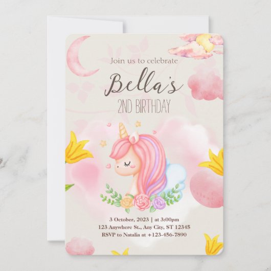 Roze Unicorn tweede uitnodiging voor de geboorte (Voorkant)
