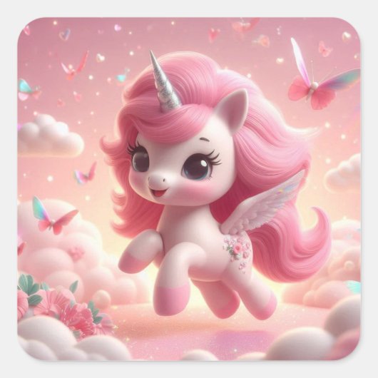 roze unicorn vierkante sticker (Voorkant)