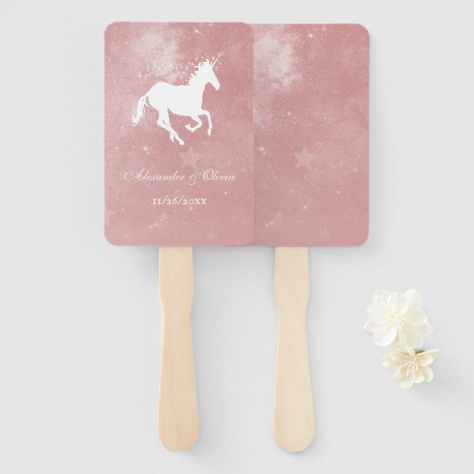 Roze Unicorn Wedding Favor Hand Fan Handwaaier (Voorkant en achterkant)