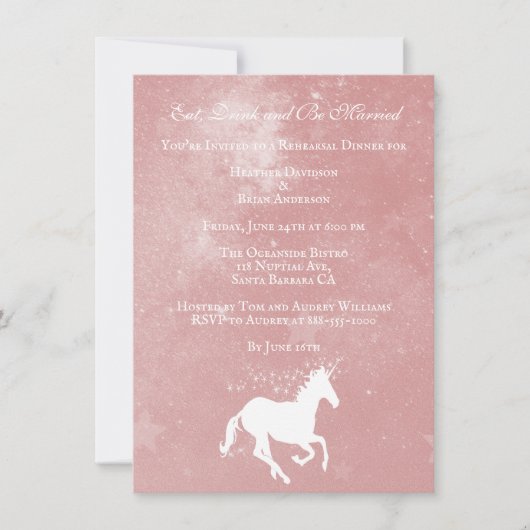 Roze Unicorn Wedding Rehearsal Dinner Invite Kaart (Voorkant)