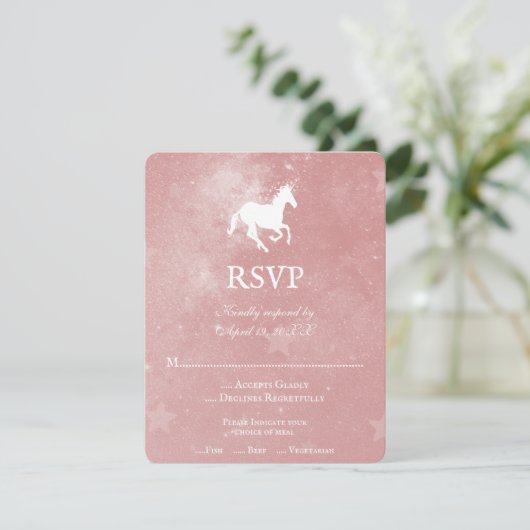 Roze Unicorn Wedding RSVP Kaart (Staand voorkant)