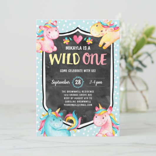 Roze Unicorn Wild Eén eerste verjaardag Kaart (Staand voorkant)