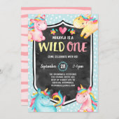 Roze Unicorn Wild Eén eerste verjaardag Kaart (Voorkant / Achterkant)