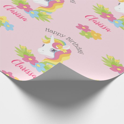 Roze Unicorn Wrapping Paper (gepersonaliseerd) Mei Cadeaupapier (Hoek)
