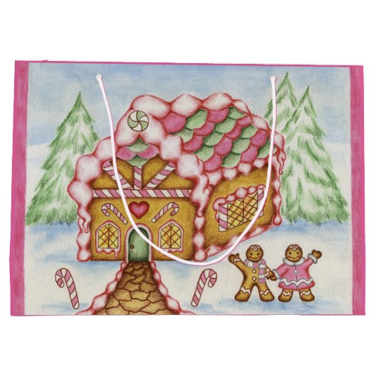 Roze Vakantie Gingerbread House Gift Bag Groot Cadeauzakje (Achterkant)
