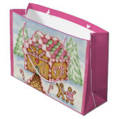Roze Vakantie Gingerbread House Gift Bag Groot Cadeauzakje (Achterkant Gekanteld)