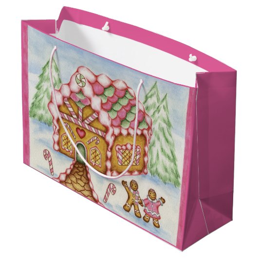 Roze Vakantie Gingerbread House Gift Bag Groot Cadeauzakje (Achterkant Gekanteld)