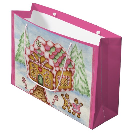 Roze Vakantie Gingerbread House Gift Bag Groot Cadeauzakje (Voorkant Gekanteld)