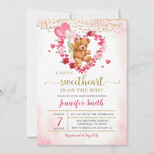 Roze Valentijn Beer Baby shower Uitnodiging (Voorkant)