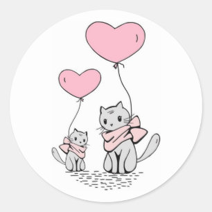 ROZE VALENTIJN HARTBALLONNEN MET GRIJZE KITTENS RONDE STICKER