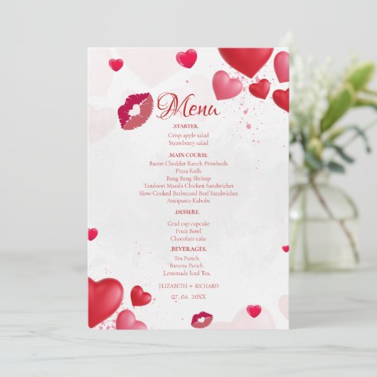 Roze Valentijn Kus de Bruiloft Bruidsfeest feest Menu (Staand voorkant)