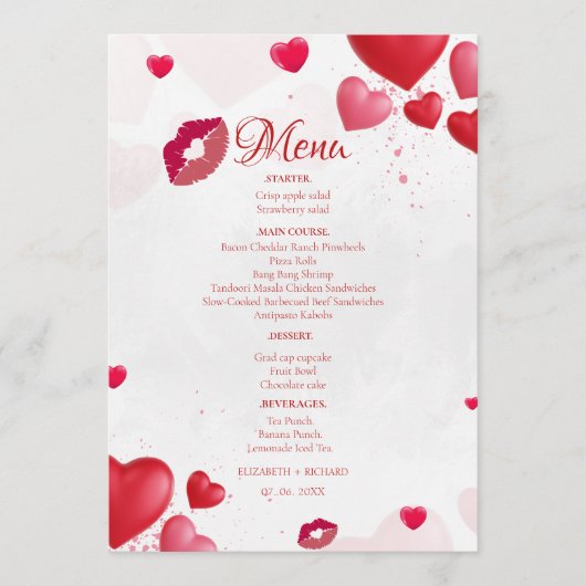 Roze Valentijn Kus de Bruiloft Bruidsfeest feest Menu (Voorkant)