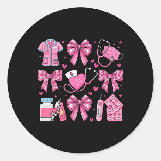 Roze Valentijn Nurse Coquette Bow Heart Stethoscop Ronde Sticker (Voorkant)