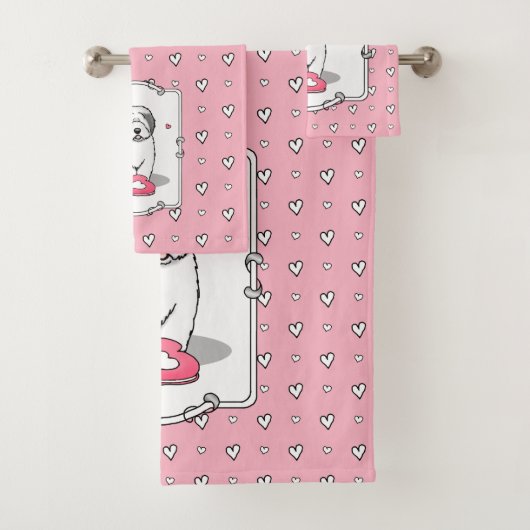 Roze Valentijn Oud Engels Sheepdog Dog Grey 1 Fun Bad Handdoek (Insitu)
