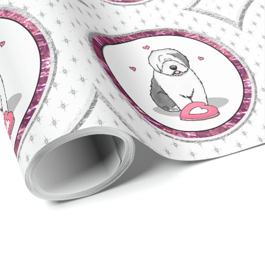 Roze Valentijn Oud Engels Sheepdog Dog Grey 1 Fun Cadeaupapier (Rol Hoek)
