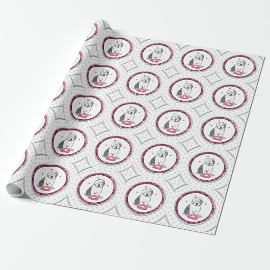 Roze Valentijn Oud Engels Sheepdog Dog Grey 1 Fun Cadeaupapier (Uitgerold)