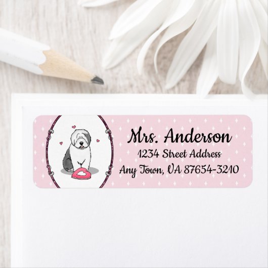 Roze Valentijn Oud Engels Sheepdog Dog Grey 1 Fun Etiket (Insitu)